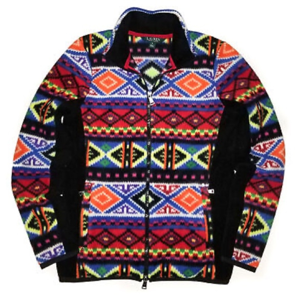 RALPH LAUREN Fleece Jacket Black Multi Aztec Southwest Full Zip EUC Womens Sz. M - Picture 5 of 9